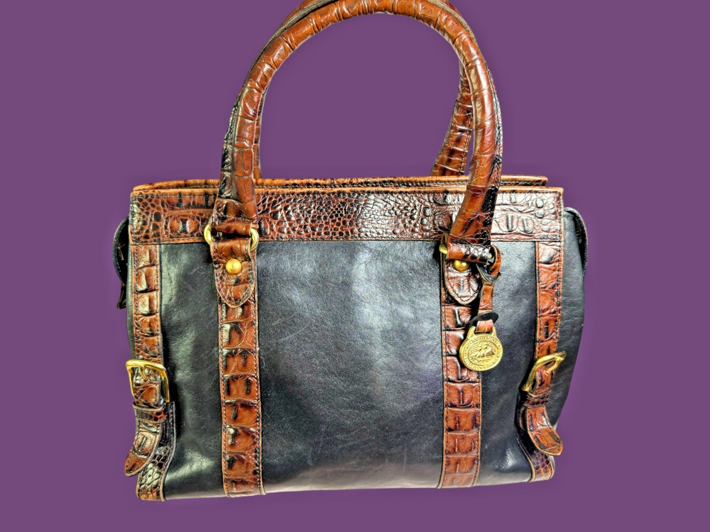 Brahmin Black Brown Croc Embossed Leather Satchel Handbag Old Money Vintage Luxe